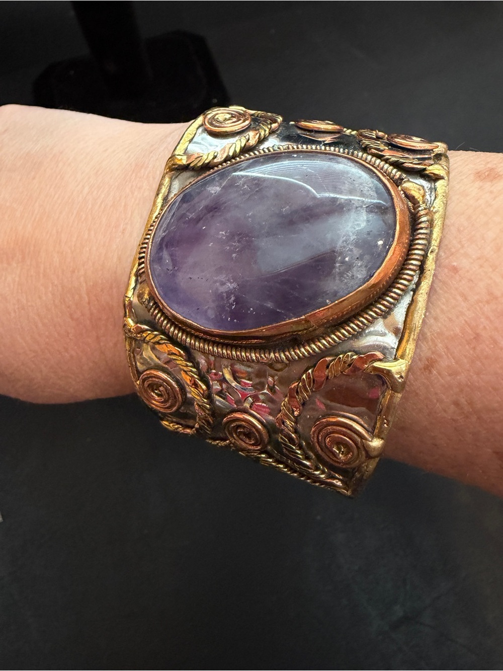 Amethyst Mixed Metal Cuff Bracelet Stainless Steel Copper & Brass Handmade  2" W